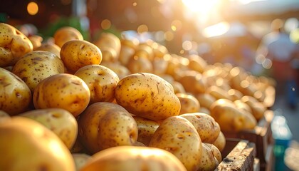 Pile of potatoes in golden sunlight shows textures & shapes of root vegetables in a market stall setting