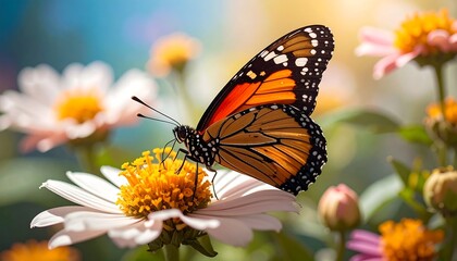 Fototapeta premium Monarch butterfly rests on a white daisy with a bright yellow center on a sunny day in a field of flowers