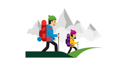 Cartoon Illustration Depicting Hiking Adventures Amidst Majestic Mountain Ranges
