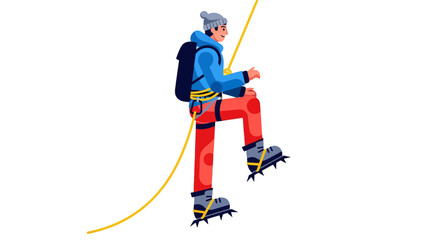 Cartoon Illustration Of A Climber Ascending with Equipment Against Black Background