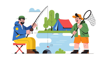 Cartoon Illustration Depicting Two Fishermen Enjoying a Relaxing Camping Trip Experience