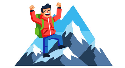 Cartoon Illustration Of A Happy Hiker Celebrating Success Atop A Mountain Peak