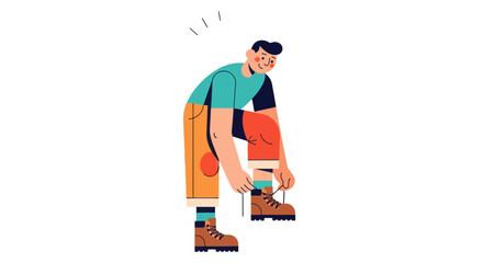Cartoon Illustration Of A Man Tying His Hiking Boots Ready For Adventure