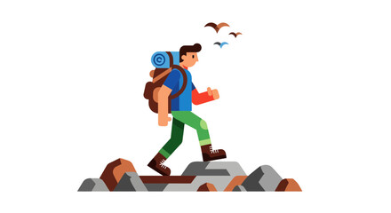 Fototapeta premium Cartoon Adventurer Trekking Across Rocky Terrain With Backpack And Birds Around