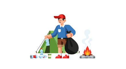 Cartoon Illustration Of A Person Cleaning Up Litter Near A Camping Tent And Campfire