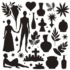 A striking black silhouette composition featuring human figures, botanical elements, vases, and abstract shapes creates a unique visual narrative