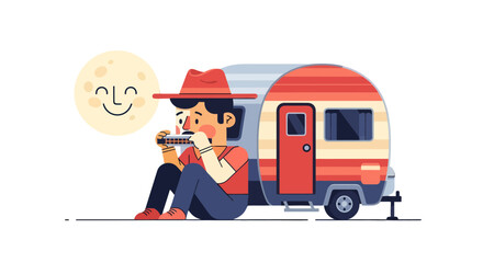 Cartoon Illustration Of A Musician Playing Harmonica Near A Camping Trailer At Night