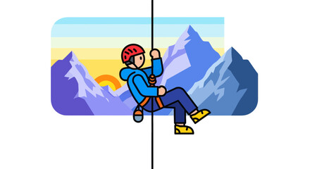 Cartoon Illustration Of Climber Descending On Rope With Mountain Background Landscape