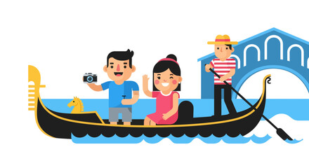 Cartoon Illustration Of Happy Couple Taking Photos On A Venetian Gondola Ride