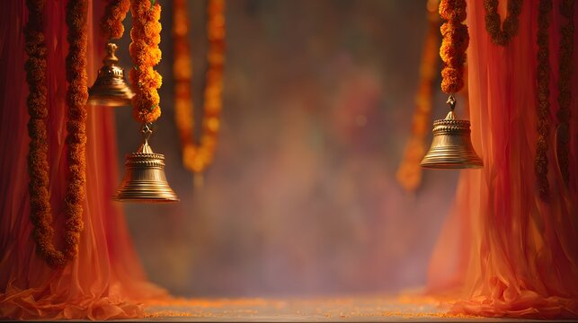 luxury faceless navratri festival background, golden temple bells and marigold garlands, saffron and red drapes with shimmering diyas, copy space pedestal for product placement