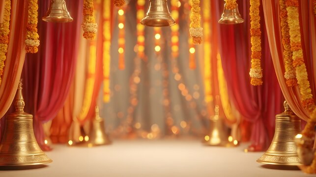 luxury faceless navratri festival background, golden temple bells and marigold garlands, saffron and red drapes with shimmering diyas, copy space pedestal for product placement