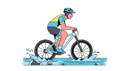 Obraz premium Cartoon Cyclist Crossing Water Obstacle, Fun and Active, Isolated on Black Background