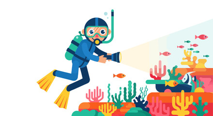 Cartoon Diver Exploring Underwater World with Flashlight and Diverse Marine Life