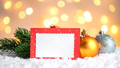 Red card on snow with pine needles and ornaments against a bokeh background