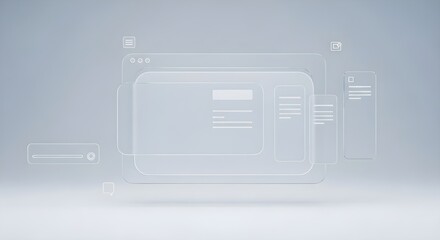 Minimalist UI/UX Wireframe Interface – Modern Digital Design, Transparent Web Elements, 3D Illustration
