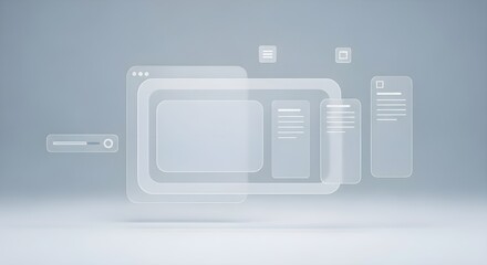 Minimalist UI/UX Wireframe Interface – Modern Digital Design, Transparent Web Elements, 3D Illustration