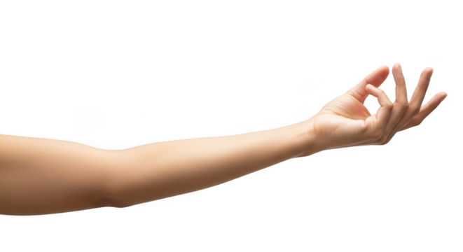 Closeup of a persons arm extended with hand open and fingers slightly raised