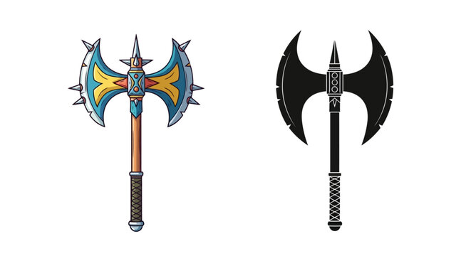 Two fantasy battle axes one colorful and one dark displayed on a white background