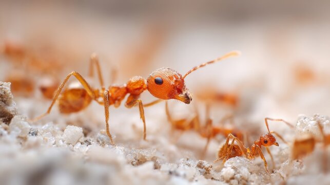 A close view of several orange ants actively searching for food on a sandy surface. The sunlight enhances their vibrant colors showcasing their intricate details.