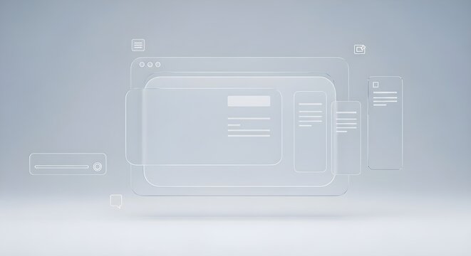 Minimalist UI/UX Wireframe Interface – Modern Digital Design, Transparent Web Elements, 3D Illustration - Powered by Adobe
