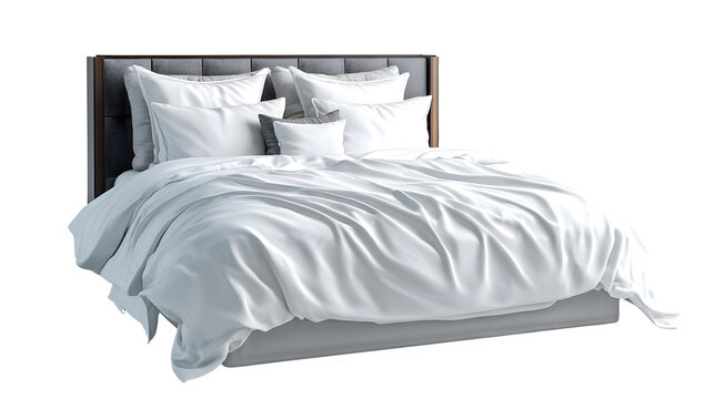 Luxury hotel bed setup, crisp white sheets, plush pillows, hyper-realistic fabric textures, isolated on white background, ultra-detailed