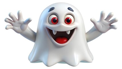 Cute cartoon ghost with big eyes and fangs smiling and waving