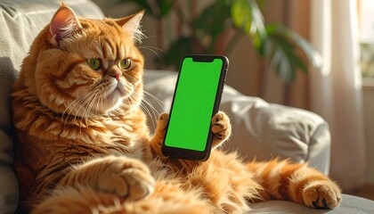 Red cat lounges in a chair holding a green screen phone, looking unimpressed