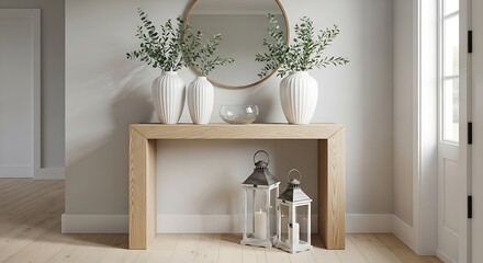 Elegant entryway decor featuring vases mirror and stylish wood console table