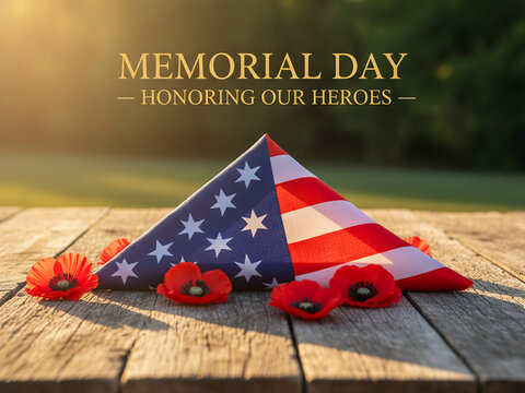 Memorial Day background with folded American flag, light rays, red poppy flower, empty background, no people, respect and honor theme,