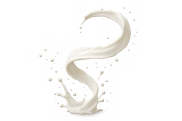 White milk splash forming a dynamic spiral shape with droplets, symbolizing freshness and creamy liquid movement