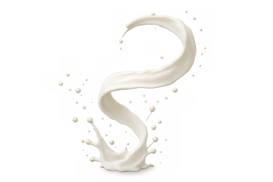 White milk splash forming a dynamic spiral shape with droplets, symbolizing freshness and creamy liquid movement