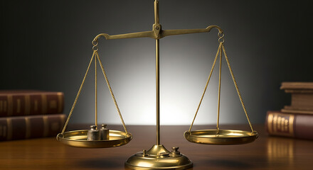 A brass scale with weights on one side and books in the background on a wooden surface in a studio