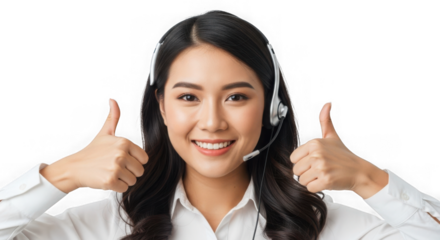 Asian woman customer service agent thumbs up positive gesture wearing headset professional communication