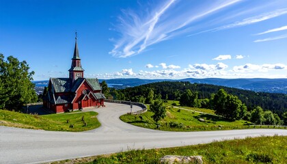 Red church on hill with green trees, winding road & blue sky with wispy clouds on sunny day; city in distance