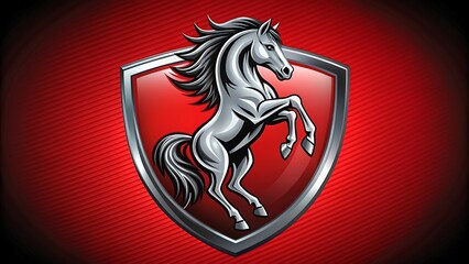 Silver horse rampant on a red shield emblem