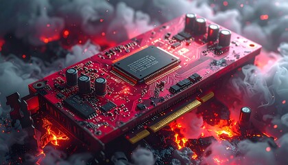 Red circuit board lying on burning rocks amidst smoke, showcasing technological prowess and destruction