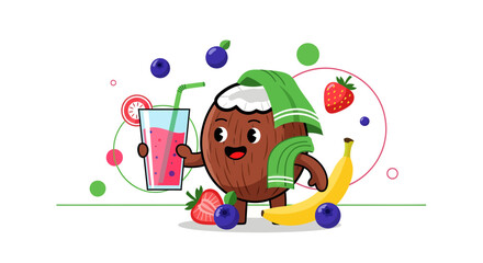 Obraz premium Cheerful Coconut Character Presenting Smoothie, Embodying Health and Delicious Flavors