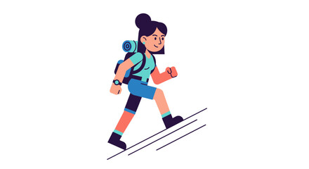 Fototapeta premium Cartoon Woman Hiking Upward, Illustrated Adventure On A Dark Background