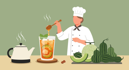 Chef Adorning Refreshing Beverage with Honey, Displaying Flavorful Freshness