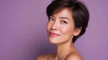 Fototapeta premium A young woman with a radiant smile poses confidently against a soft purple backdrop. Her short hair frames her face highlighting her natural beauty and charm.