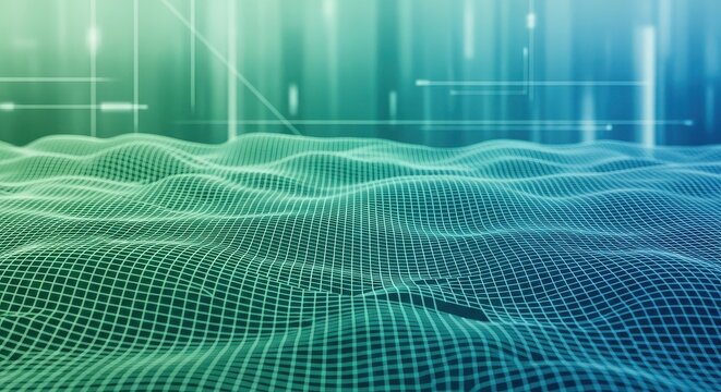 Futuristic wireframe abstract terrain background mesh grid visualization network technology and data flow