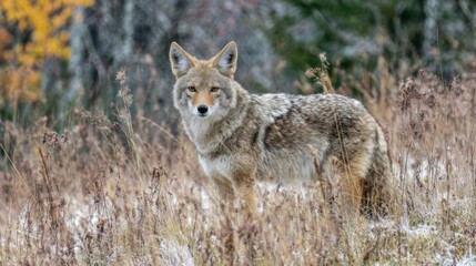 Fototapeta premium A coyote is seen standing in tall grass with autumn foliage in the background. The animal looks alert showcasing its natural habitat and seasonal colors.