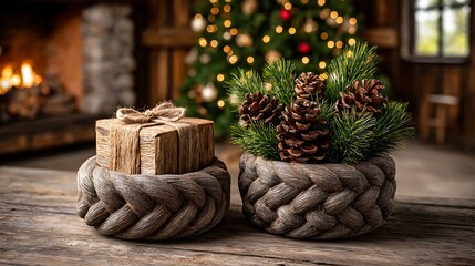 Home holiday decor featuring festive wreaths, vintage trimmings, pine cones and wrapped boxes under a Christmas tree.