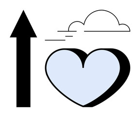 Upward black arrow beside a blue heart and minimalist cloud graphic. Ideal for growth, positivity, progress, love, self-improvement, success, aspirations. A simple flat metaphor