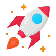 3d cartoon rocket launching with vibrant flames, exploring space