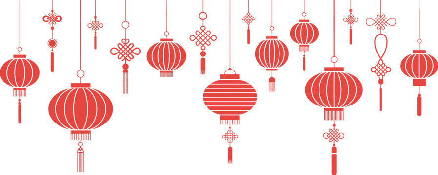 An intricate display features numerous red festive lanterns and symbolic knots suspended by fine strings, embodying traditional Asian celebration decor, perfect for cultural event backgrounds