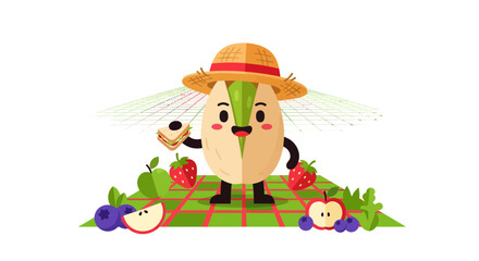 Naklejka premium Charming Animated Pistachio Character Enjoying a Picnic with Fresh Fruit and Snacks