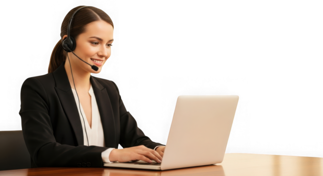 Professional woman wearing headset works diligently on laptop computer in office setting