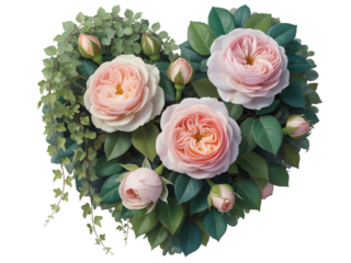 Heart shape arrangement of pink roses and green foliage