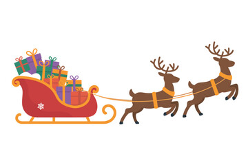 Santa's sleigh is pulled by reindeer, loaded with gifts for Christmas.
